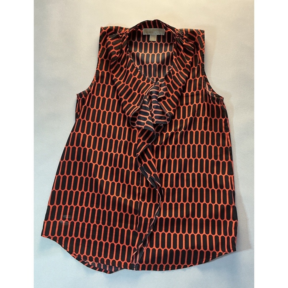 Michael Kors XS Sleeveless Ruffle Top Orange Black Mod Geometric Blouse